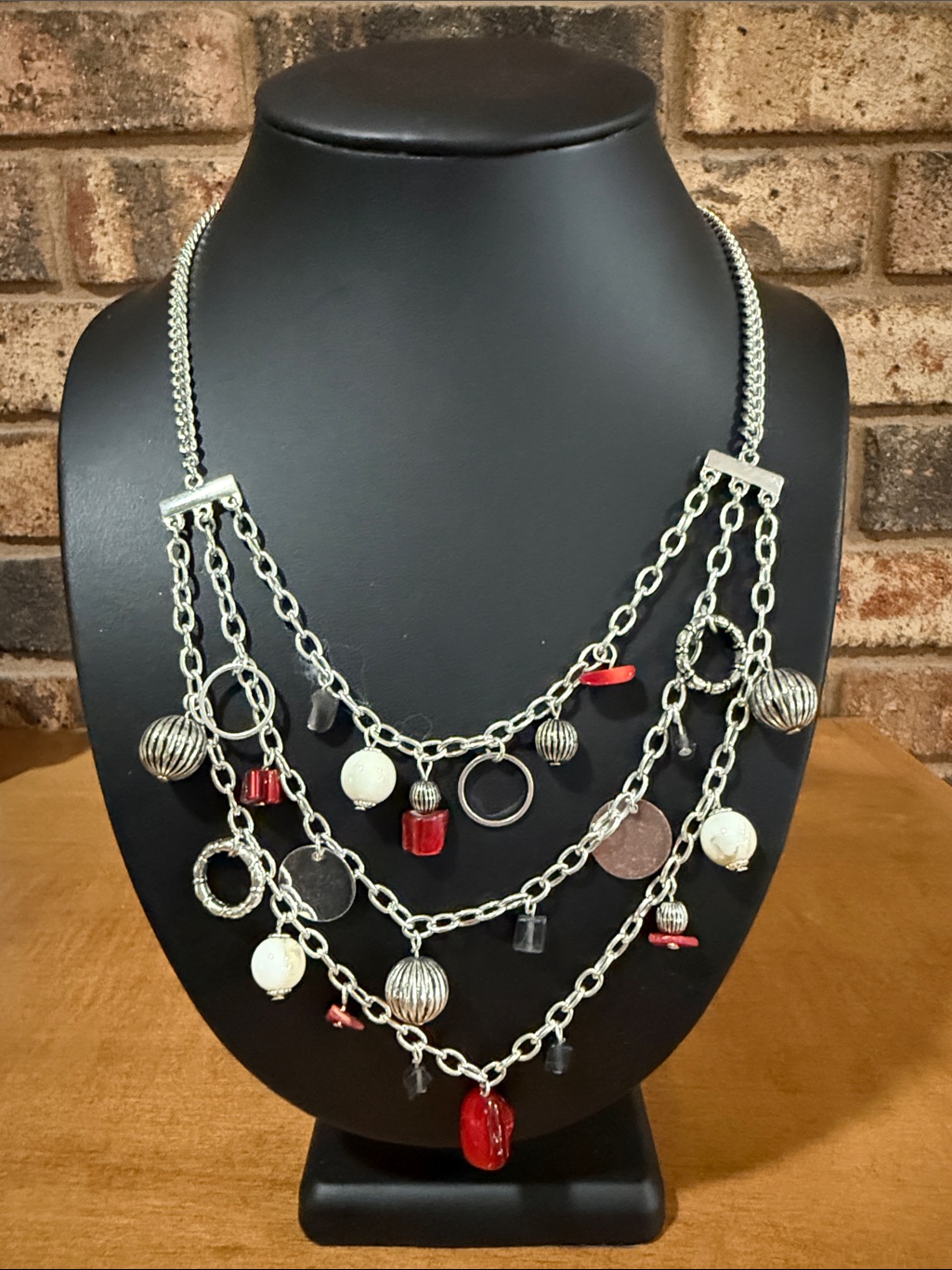 SilverTone Triple Strand Charm Necklace Red White  Metallic Beads